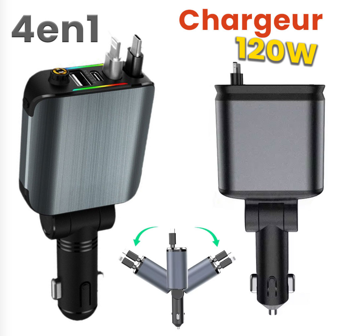 4-en-1 Chargeur voiture ORIGINAL Rétractable (120 W) – شاحن سيارة متعدد المنافذ الأصلي