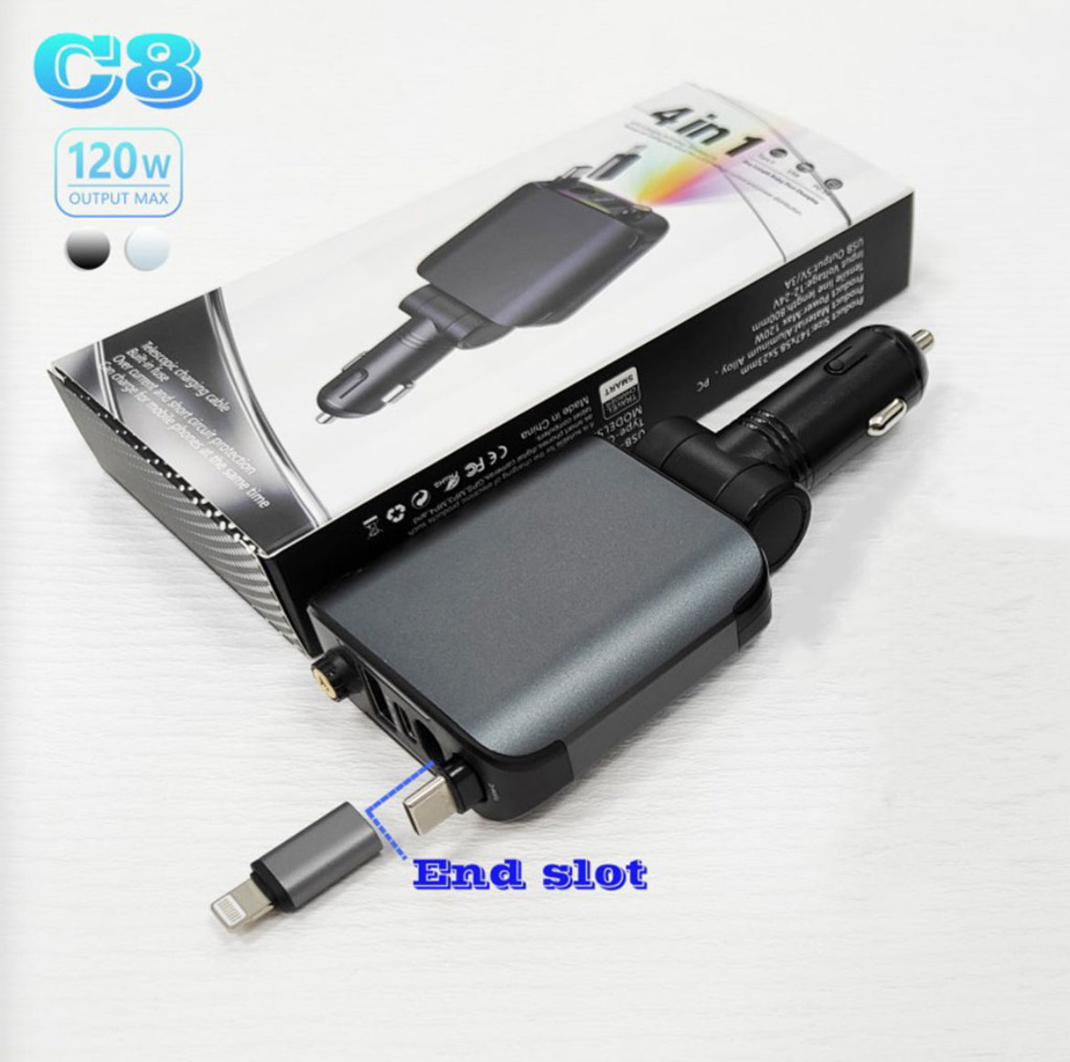 4-en-1 Chargeur voiture ORIGINAL Rétractable (120 W) – شاحن سيارة متعدد المنافذ الأصلي